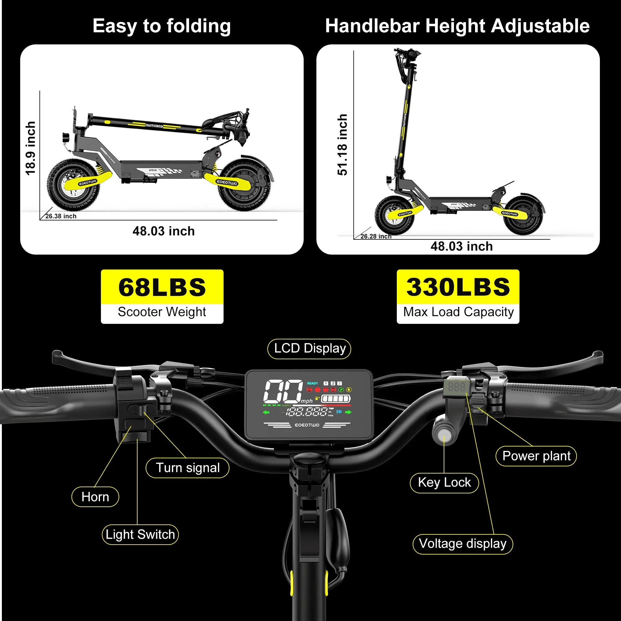 EOEOTWO 1200W Off Road Electric Scooter For Adults Foldable 30MPH