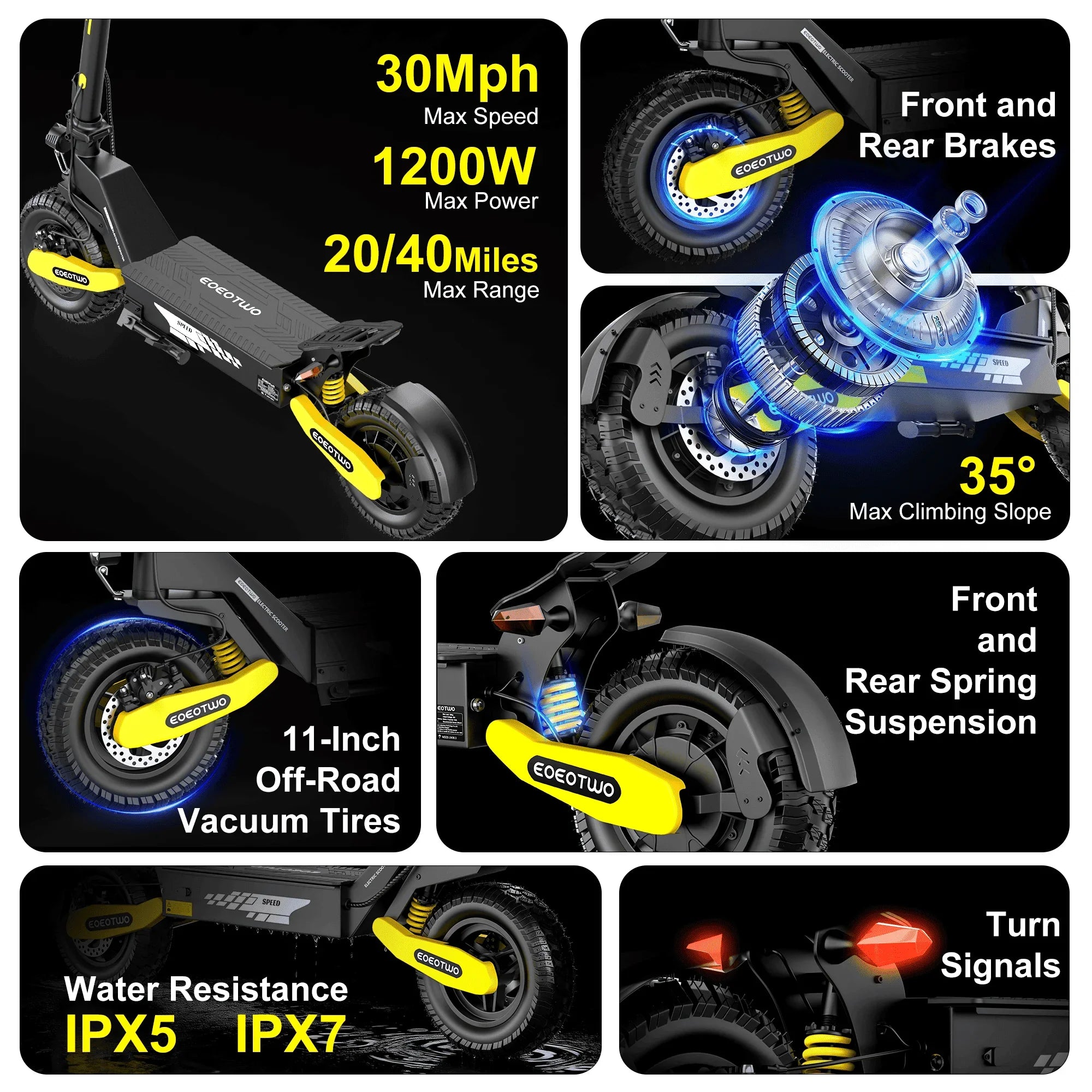 EOEOTWO 1200W Off Road Electric Scooter For Adults Foldable 30MPH